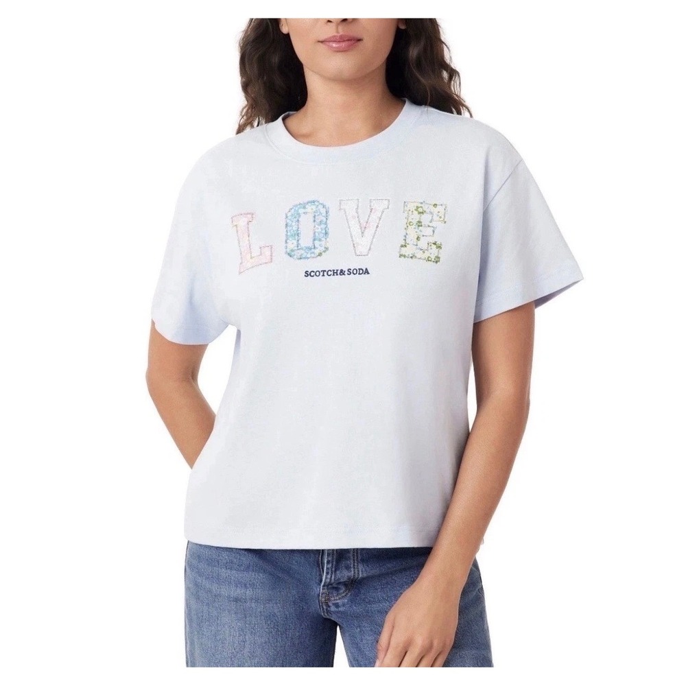 NWT Scotch & Soda Womens Light Blue Floral Patchwork LOVE‎ Graphic T-Shirt •L•